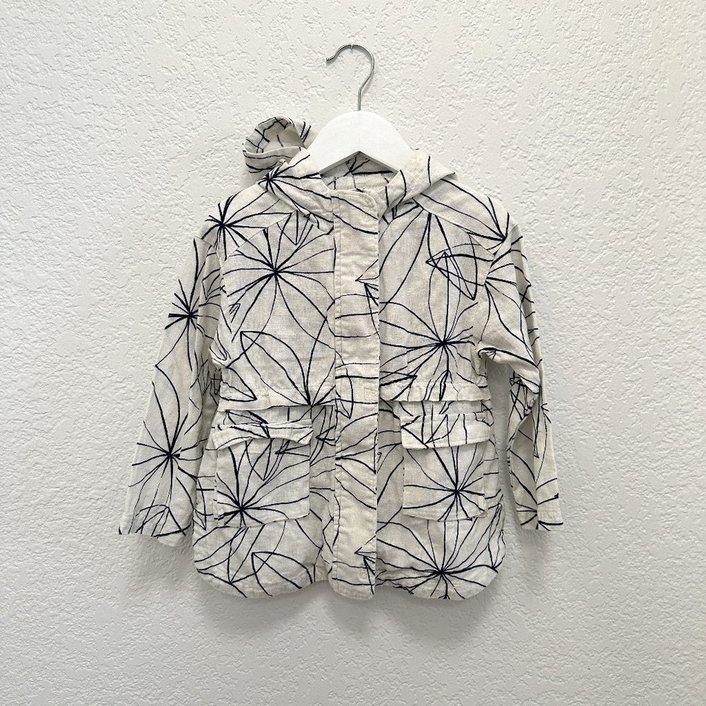 Old Navy White Blue Abstract Flower Print Linen Zip Up Jacket 3T
